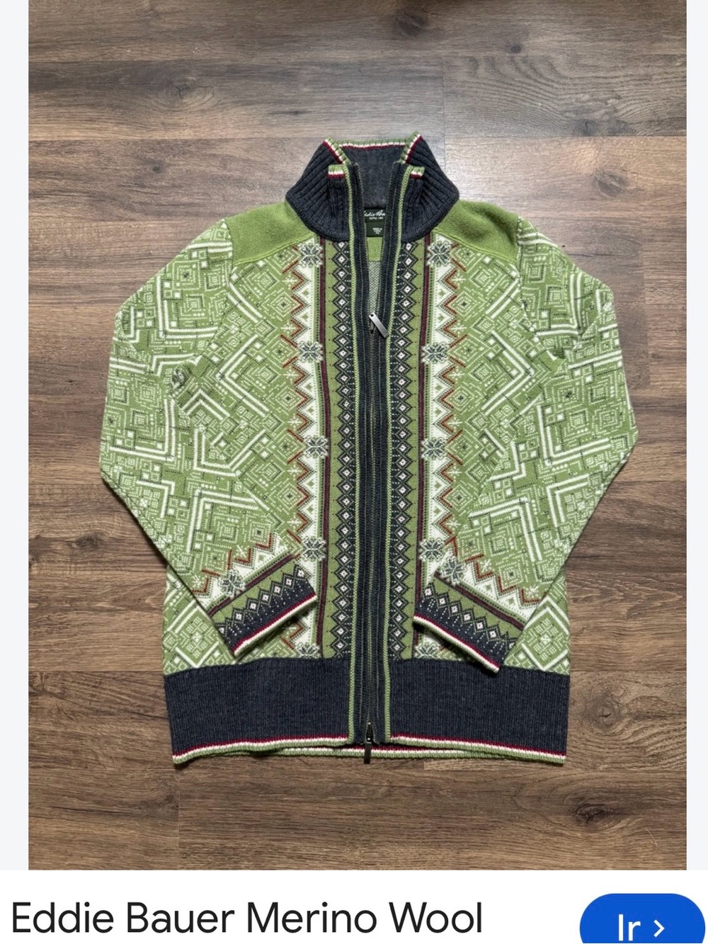 Eddie Bauer Olive & Dark Gray Fair Isle Merino Zip-Up Jacket